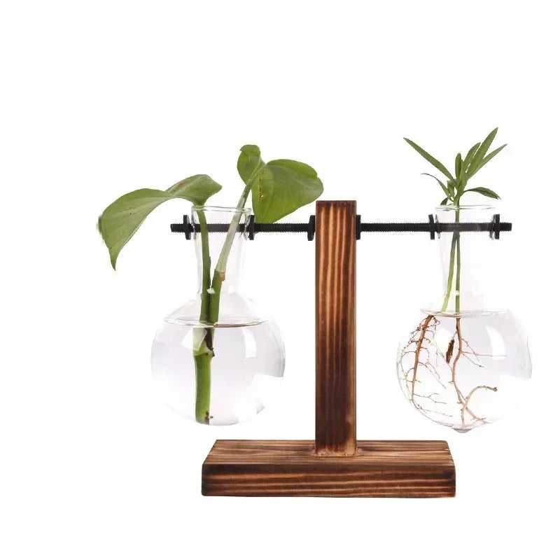 Nordic Vintage Wooden Stand Glass Vase - Hydroponic Plant Terrarium