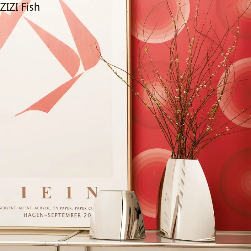 Modern Silver Chrome Arch Vase - Abstract Mirror Finish Floral Decor