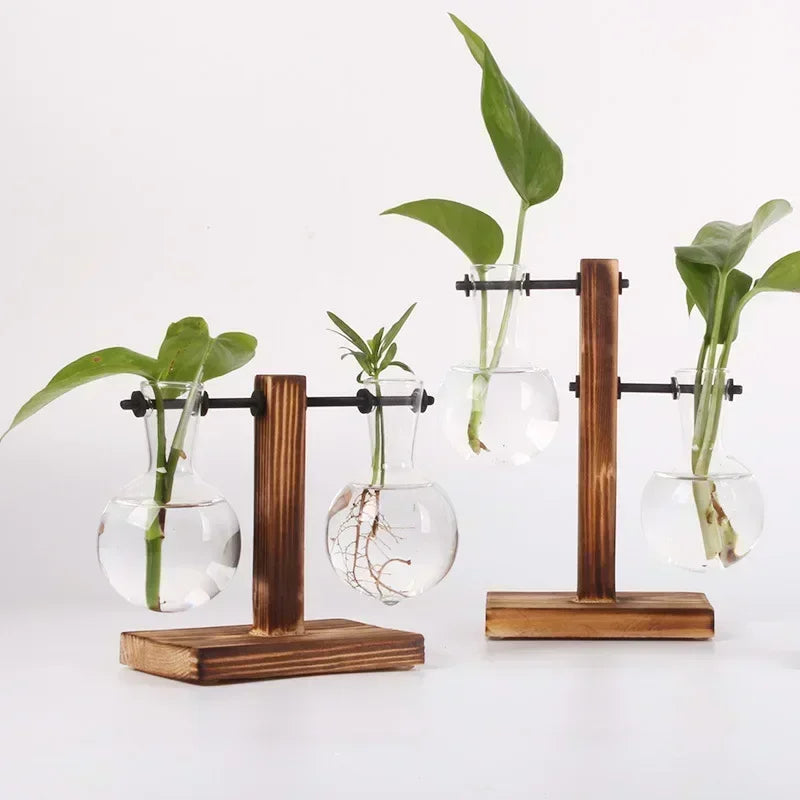 Nordic Vintage Wooden Stand Glass Vase - Hydroponic Plant Terrarium