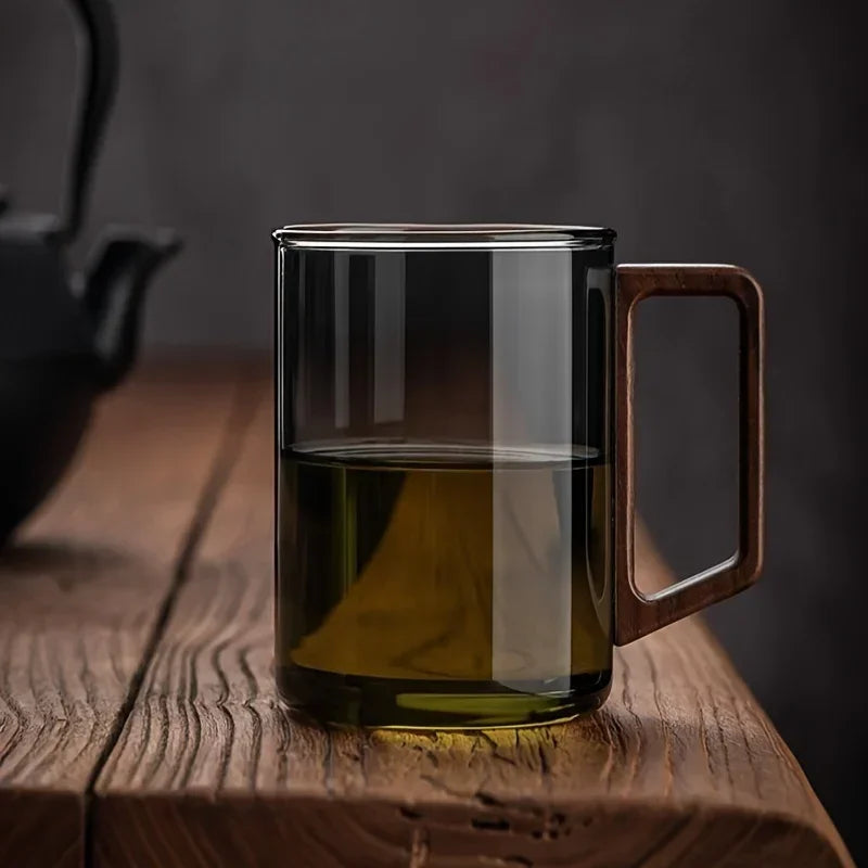 Nordic Wooden Handle Glass Mug - Minimalist Tea & Coffee Cup