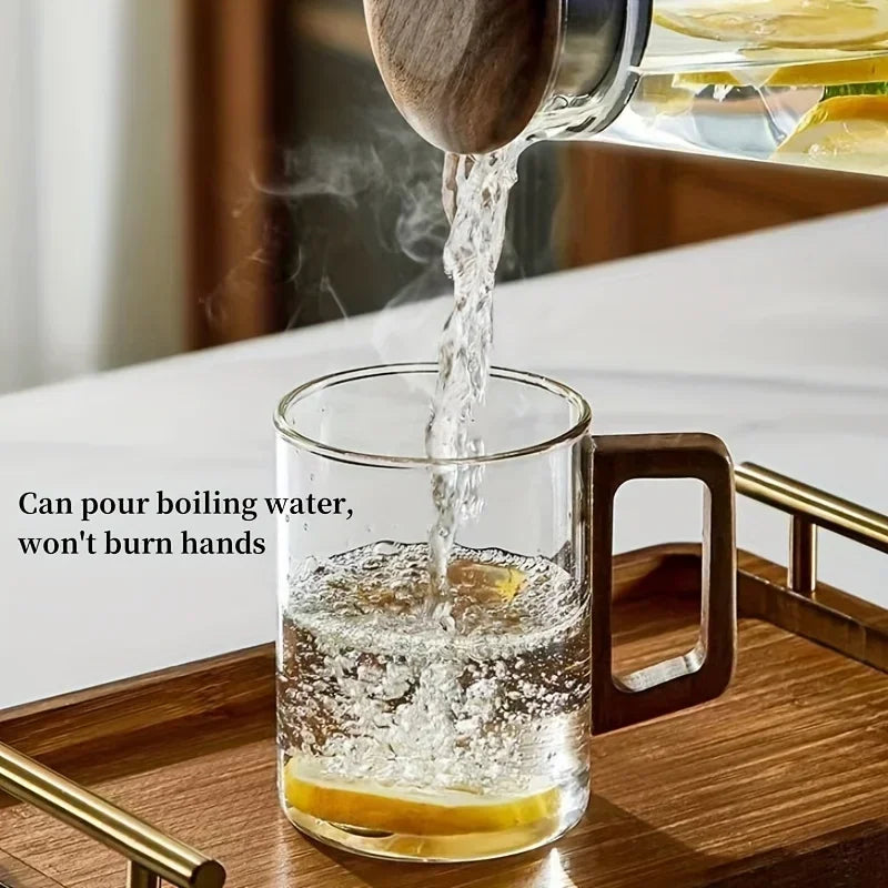 Nordic Wooden Handle Glass Mug - Minimalist Tea & Coffee Cup