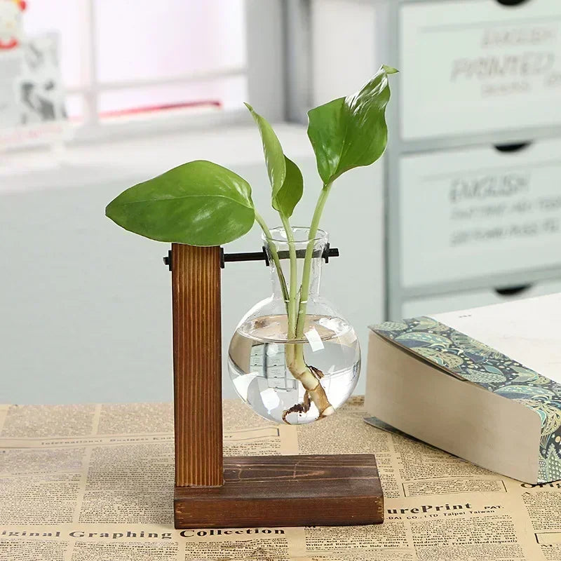 Nordic Vintage Wooden Stand Glass Vase - Hydroponic Plant Terrarium