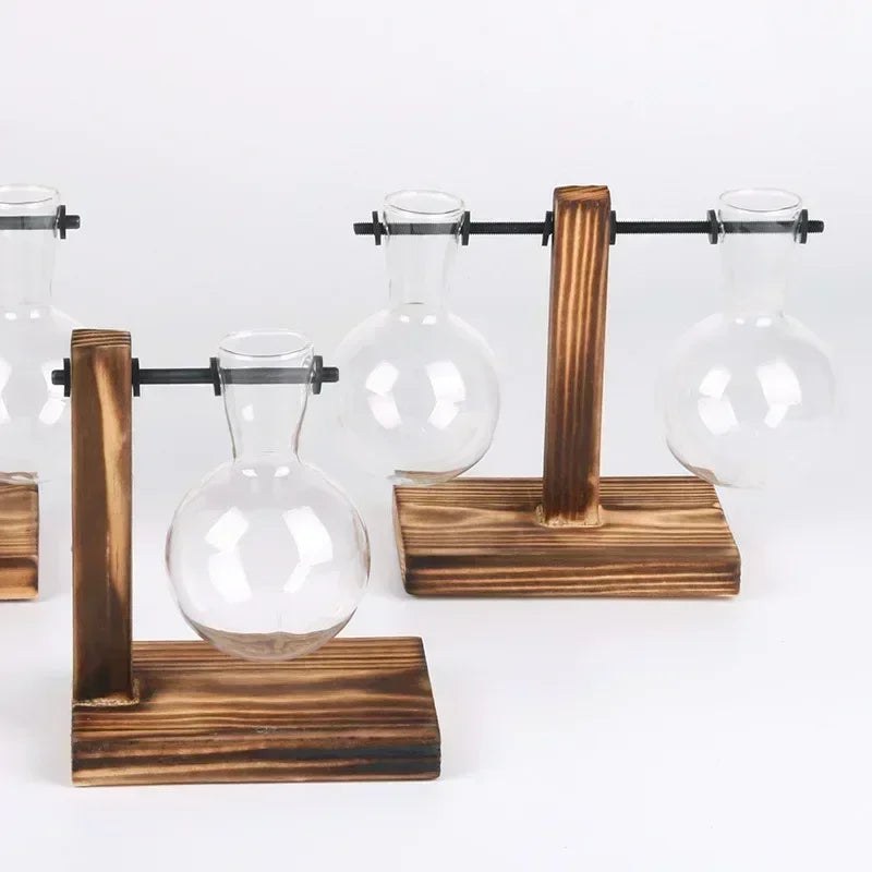 Nordic Vintage Wooden Stand Glass Vase - Hydroponic Plant Terrarium