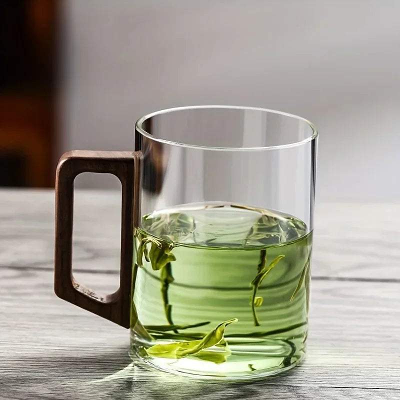 Nordic Wooden Handle Glass Mug - Minimalist Tea & Coffee Cup
