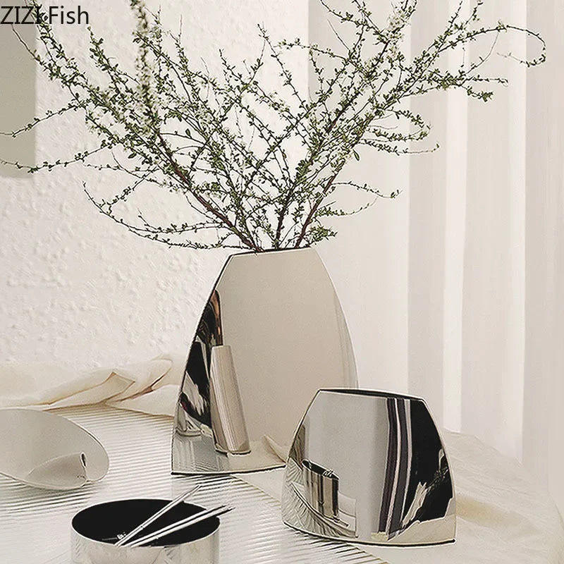 Modern Silver Chrome Arch Vase - Abstract Mirror Finish Floral Decor