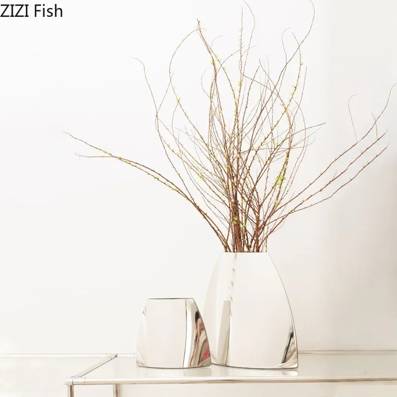 Modern Silver Chrome Arch Vase - Abstract Mirror Finish Floral Decor