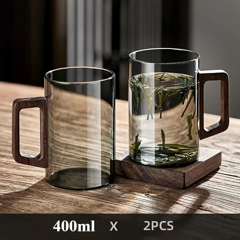 Nordic Wooden Handle Glass Mug - Minimalist Tea & Coffee Cup