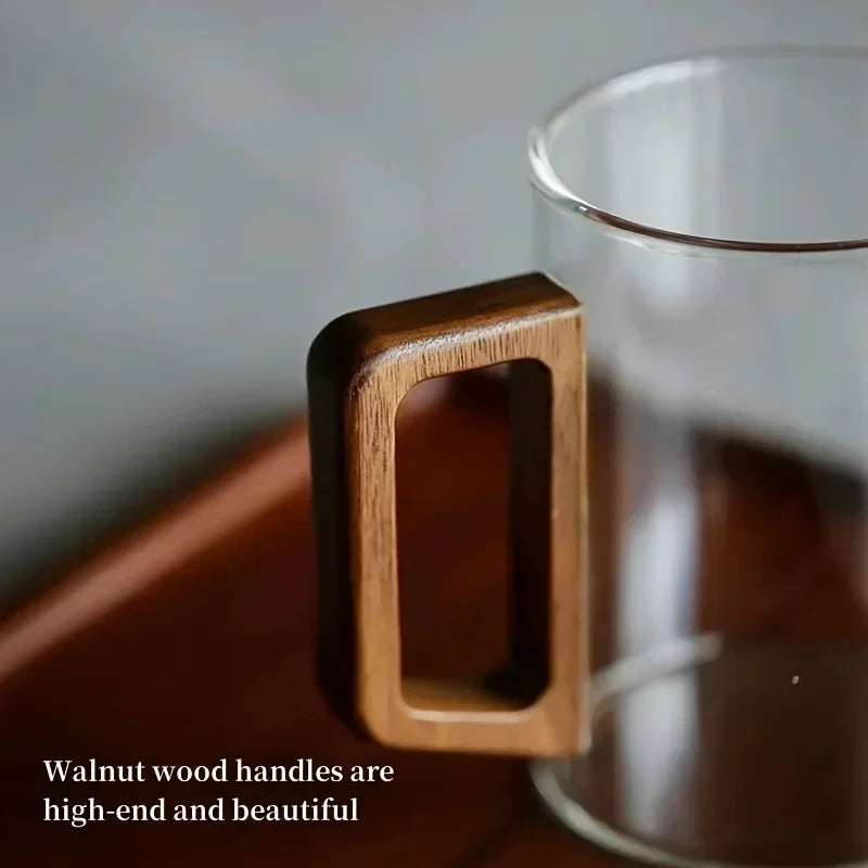 Nordic Wooden Handle Glass Mug - Minimalist Tea & Coffee Cup
