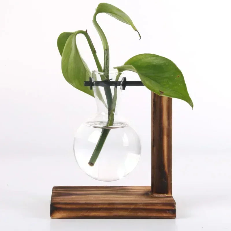Nordic Vintage Wooden Stand Glass Vase - Hydroponic Plant Terrarium