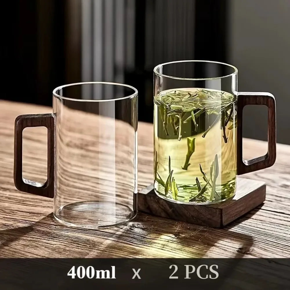 Nordic Wooden Handle Glass Mug - Minimalist Tea & Coffee Cup
