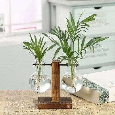 Nordic Vintage Wooden Stand Glass Vase - Hydroponic Plant Terrarium